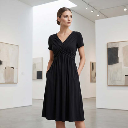 Damen V-Ausschnitt Cross-Front Faltenkleid