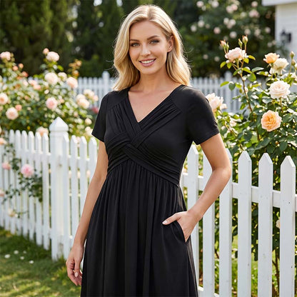 Damen V-Ausschnitt Cross-Front Faltenkleid