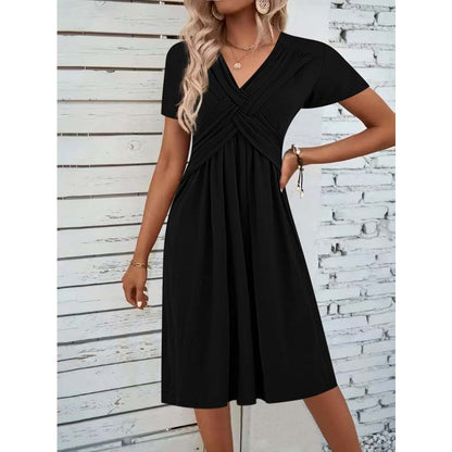 Damen V-Ausschnitt Cross-Front Faltenkleid