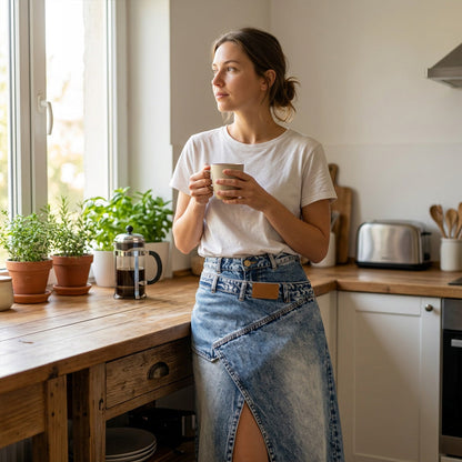 Damen Denim-Maxirock mit mehrlagiger Taille