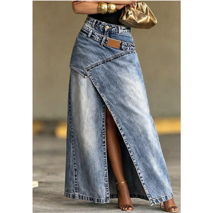 Damen Denim-Maxirock mit mehrlagiger Taille