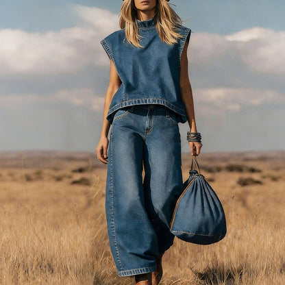 ⏰ Nur noch heute 50% Rabatt! Kostenloser Versand 🧵 Damen Jeans-Set: Ärmelloser Stehkragen-Top & Hose | Lässiger City-Style, bequem & vielseitig für Sommer & Urlaub ✨
