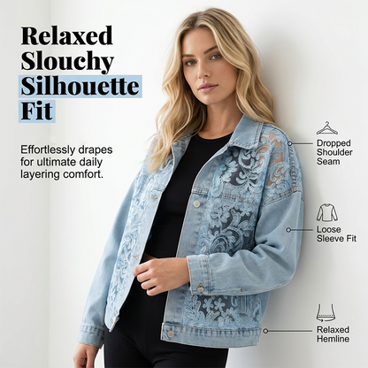 Locker sitzende Damenjeansjacke mit Blumenmuster und Spitzen-Patchwork