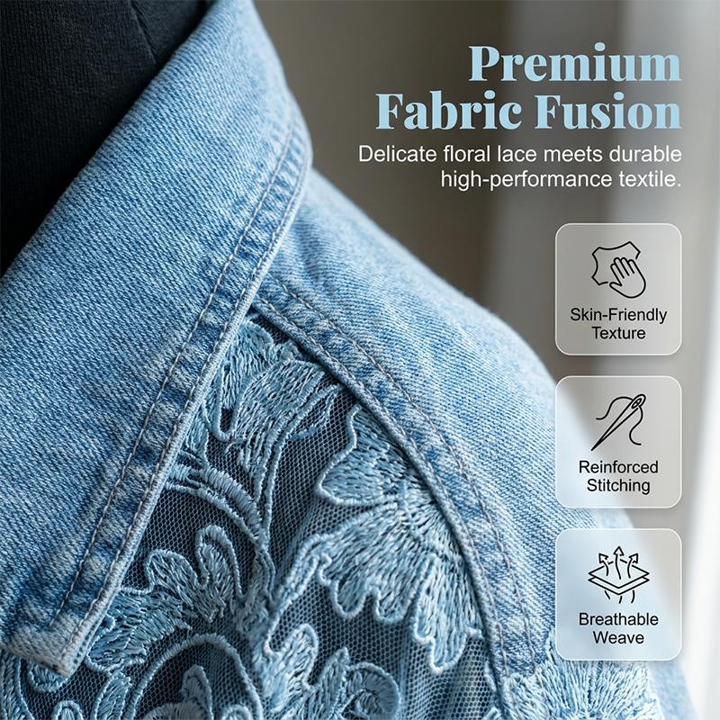 Locker sitzende Damenjeansjacke mit Blumenmuster und Spitzen-Patchwork