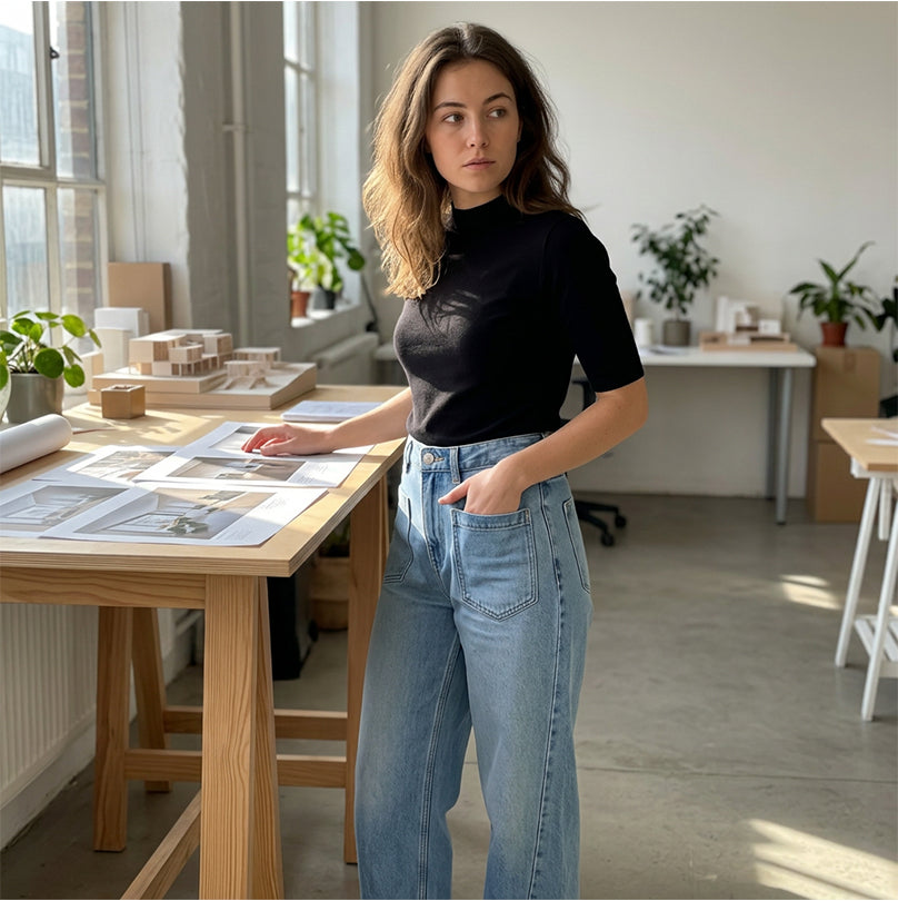 Damenjeans mit weitem Bein und aufgesetzten Taschen