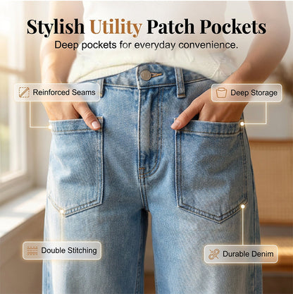 Damenjeans mit weitem Bein und aufgesetzten Taschen