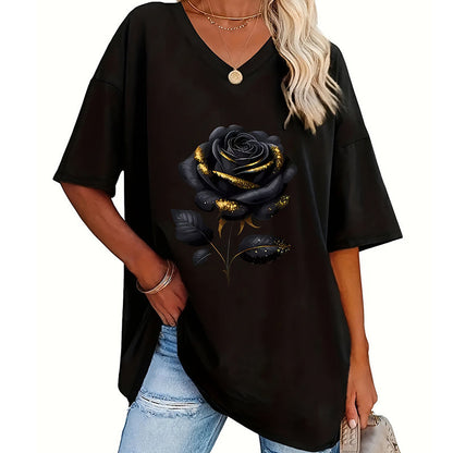 Damen-T-Shirt in Übergröße mit Rosenmuster und V-Ausschnitt