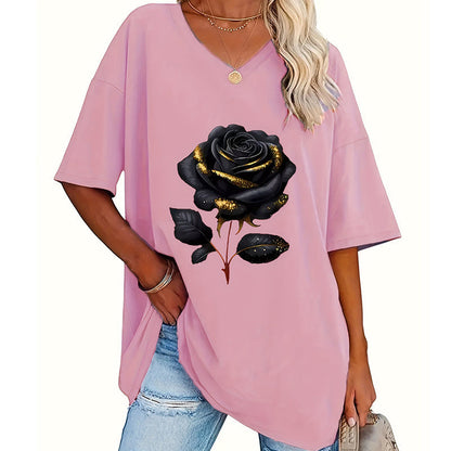 Damen-T-Shirt in Übergröße mit Rosenmuster und V-Ausschnitt