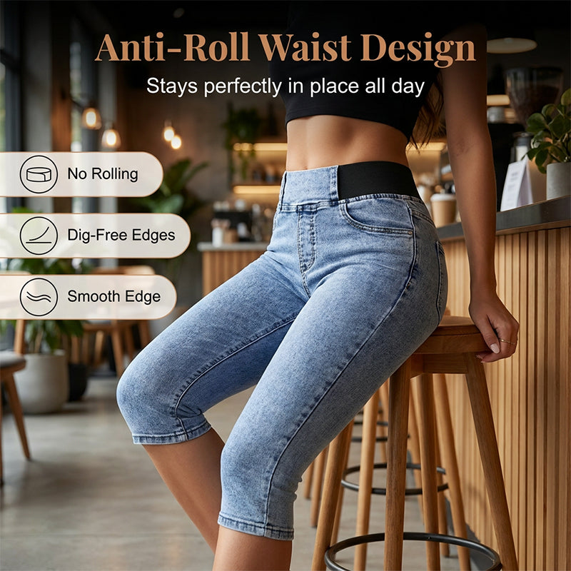 📦 Täglich im Dauerversand! 👖Damen hochtaillierte Denim-Caprihosen mit elastischem Bund – verkürzte Jeans