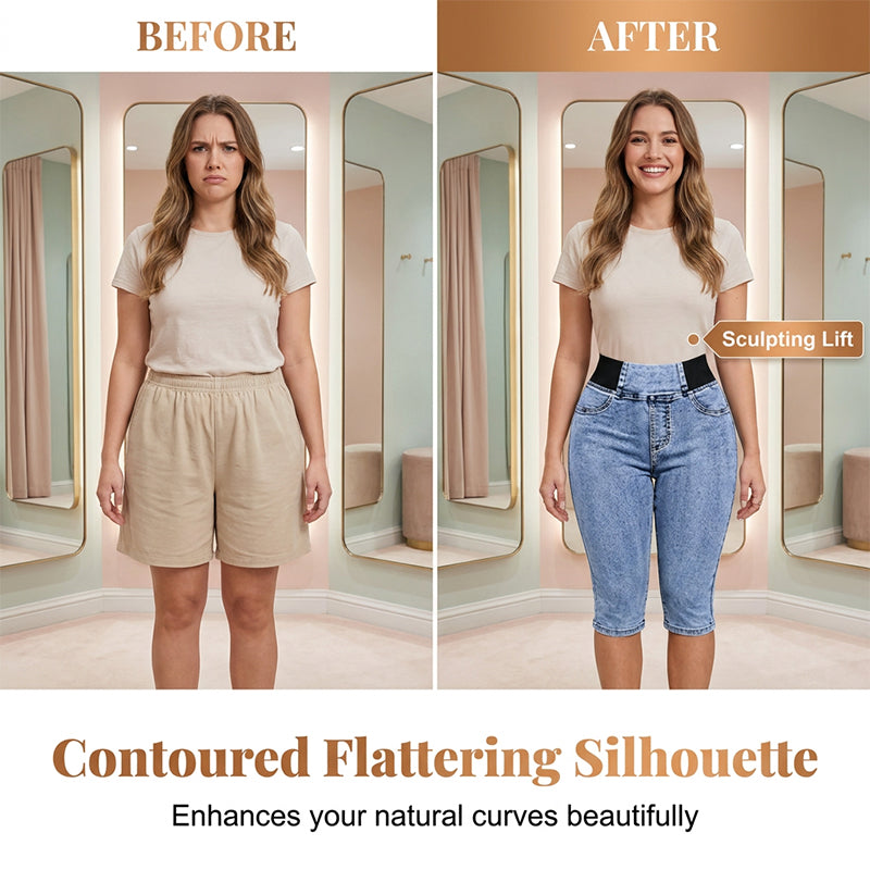 📦 Täglich im Dauerversand! 👖Damen hochtaillierte Denim-Caprihosen mit elastischem Bund – verkürzte Jeans