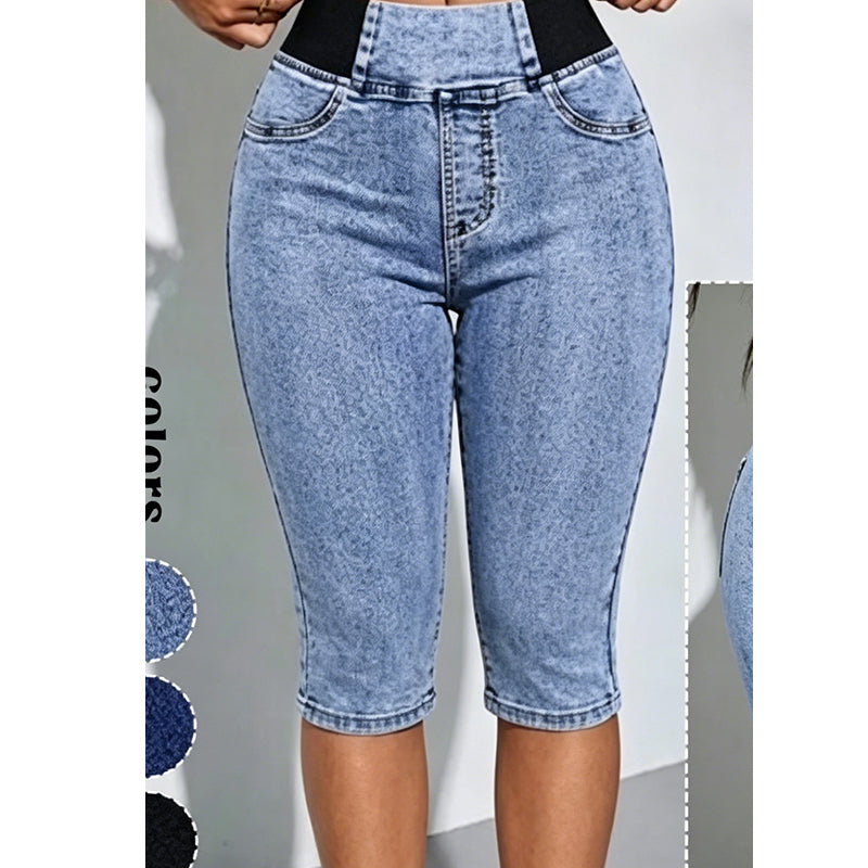 📦 Täglich im Dauerversand! 👖Damen hochtaillierte Denim-Caprihosen mit elastischem Bund – verkürzte Jeans