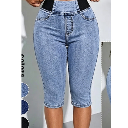 📦 Täglich im Dauerversand! 👖Damen hochtaillierte Denim-Caprihosen mit elastischem Bund – verkürzte Jeans