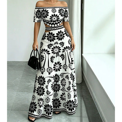 🏆LETZTER TAG 50% RABATT🔥Damen Schulterfreies Maxikleid mit Taillenauschnitt und Gänseblümchen-Print