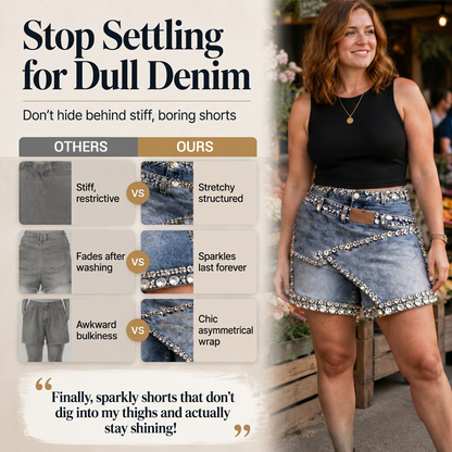 Damen Rhinsten-Besetzter Mehrlagiger Denim-Rock-Shorts