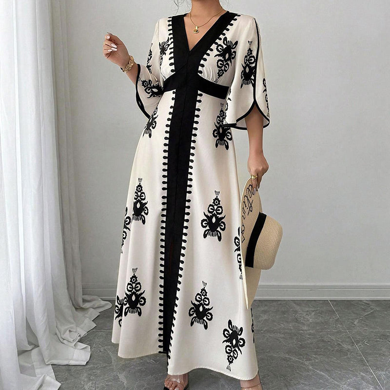 👗⏰ NUR NOCH HEUTE: 50% RABATT! Elegantes Damen Maxikleid mit V-Ausschnitt & Retro-Print – Fließender Stoff, Glockenärmel & kontrastierende schwarze Besätze – Perfekt für Urlaub, Picknick & Abendausflüge ✨