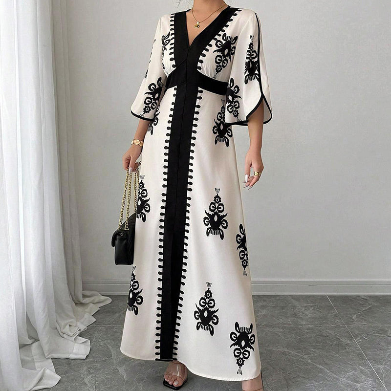 👗⏰ NUR NOCH HEUTE: 50% RABATT! Elegantes Damen Maxikleid mit V-Ausschnitt & Retro-Print – Fließender Stoff, Glockenärmel & kontrastierende schwarze Besätze – Perfekt für Urlaub, Picknick & Abendausflüge ✨