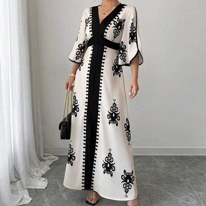 👗⏰ NUR NOCH HEUTE: 50% RABATT! Elegantes Damen Maxikleid mit V-Ausschnitt & Retro-Print – Fließender Stoff, Glockenärmel & kontrastierende schwarze Besätze – Perfekt für Urlaub, Picknick & Abendausflüge ✨