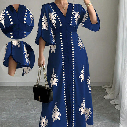 👗⏰ NUR NOCH HEUTE: 50% RABATT! Elegantes Damen Maxikleid mit V-Ausschnitt & Retro-Print – Fließender Stoff, Glockenärmel & kontrastierende schwarze Besätze – Perfekt für Urlaub, Picknick & Abendausflüge ✨