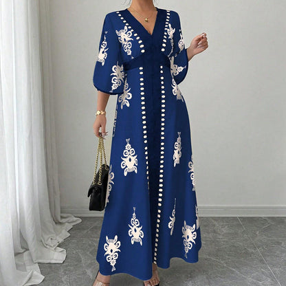 👗⏰ NUR NOCH HEUTE: 50% RABATT! Elegantes Damen Maxikleid mit V-Ausschnitt & Retro-Print – Fließender Stoff, Glockenärmel & kontrastierende schwarze Besätze – Perfekt für Urlaub, Picknick & Abendausflüge ✨