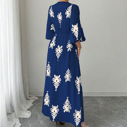 👗⏰ NUR NOCH HEUTE: 50% RABATT! Elegantes Damen Maxikleid mit V-Ausschnitt & Retro-Print – Fließender Stoff, Glockenärmel & kontrastierende schwarze Besätze – Perfekt für Urlaub, Picknick & Abendausflüge ✨