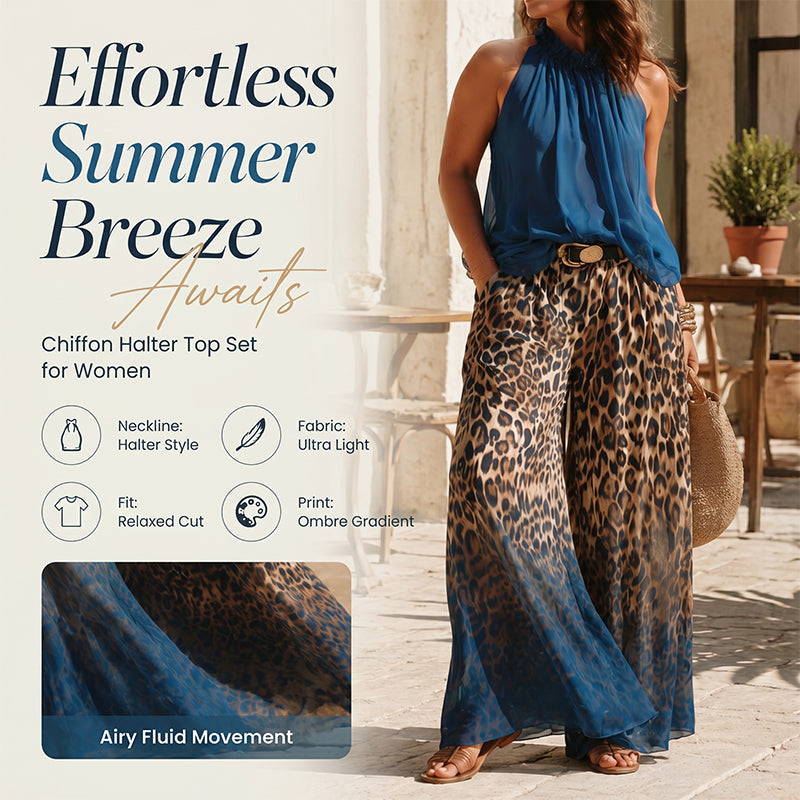👗Set aus ärmellosem Neckholder-Oberteil und Leopardenmuster-Hose für Damen – ein auffälliges, schickes und lässiges Sommeroutfit🔥