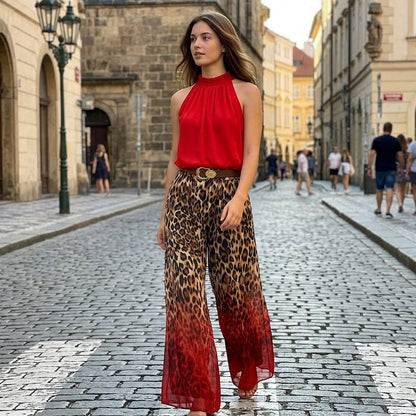 👗Set aus ärmellosem Neckholder-Oberteil und Leopardenmuster-Hose für Damen – ein auffälliges, schickes und lässiges Sommeroutfit🔥