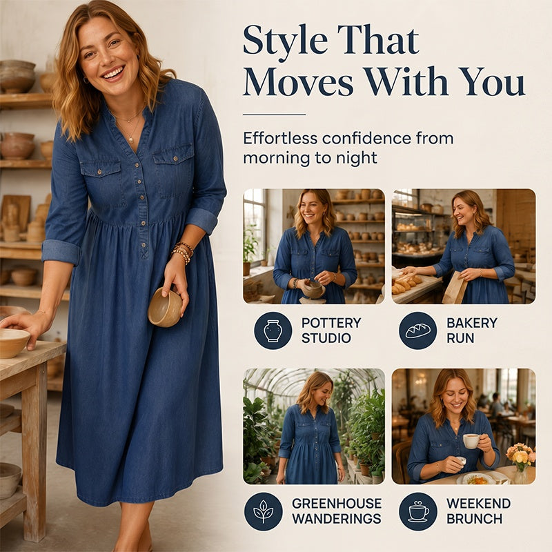 🔔 Letzte 100 Stück – solange der Vorrat reicht! 👗Maxikleid aus Denim mit Knopfleiste für Damen in Übergrößen
