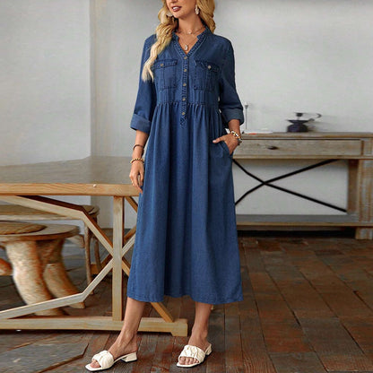 🔔 Letzte 100 Stück – solange der Vorrat reicht! 👗Maxikleid aus Denim mit Knopfleiste für Damen in Übergrößen