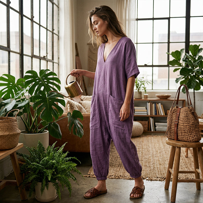 ⌛ Nur solange Vorrat reicht – danach regulärer Preis! Locker sitzender Sommer-Jumpsuit für Damen mit V-Ausschnitt