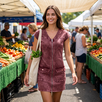 ⌛Zeitlich begrenztes Angebot-Damen lässiges Kurzarm-Reißverschluss-Kleid