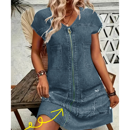 ⌛Zeitlich begrenztes Angebot-Damen lässiges Kurzarm-Reißverschluss-Kleid
