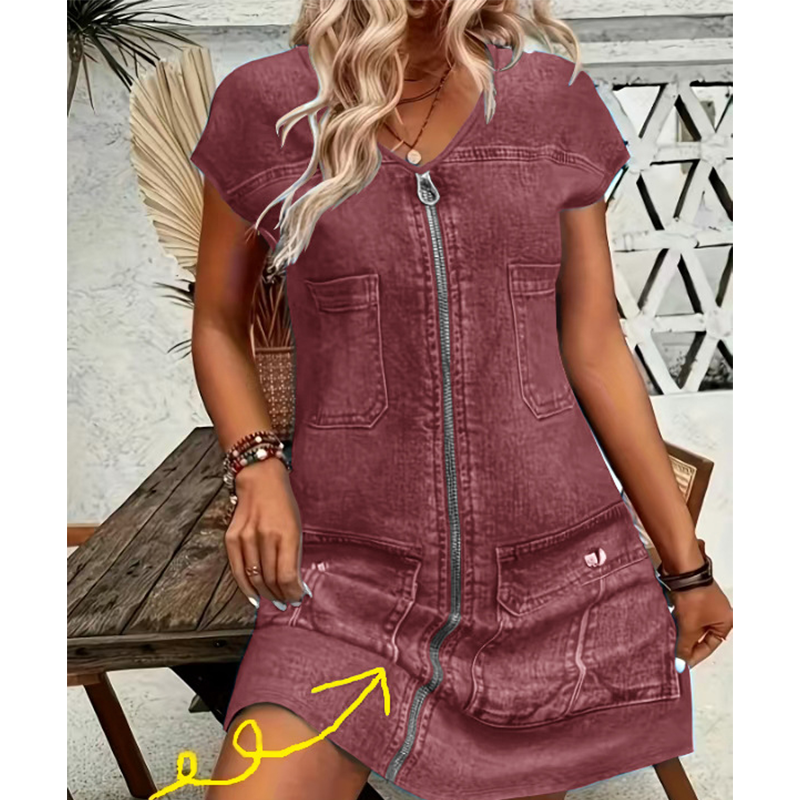 ⌛Zeitlich begrenztes Angebot-Damen lässiges Kurzarm-Reißverschluss-Kleid