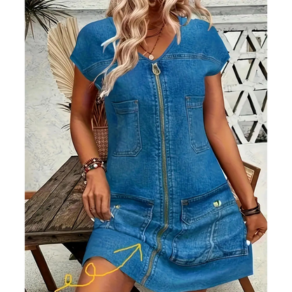 ⌛Zeitlich begrenztes Angebot-Damen lässiges Kurzarm-Reißverschluss-Kleid