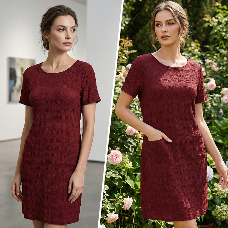 ⌛Zeitlich begrenztes Angebot – Rundhalsausschnitt-Kleid für Damen mit Struktur und knielanger Länge