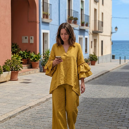 Minimalistisches Langarm-Oberteil für Damen & Hose mit weitem Bein