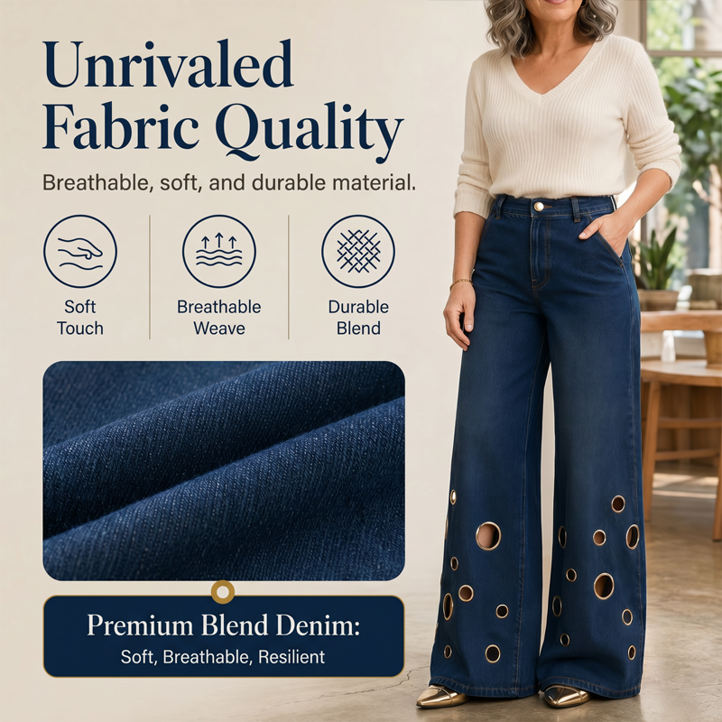 Damenjeans mit Metallösen und Ausschnitten, weit geschnitten