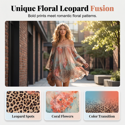 Mini-Kleid für Damen mit schulterfreiem Ausschnitt, Blumen- und Leopardenmuster