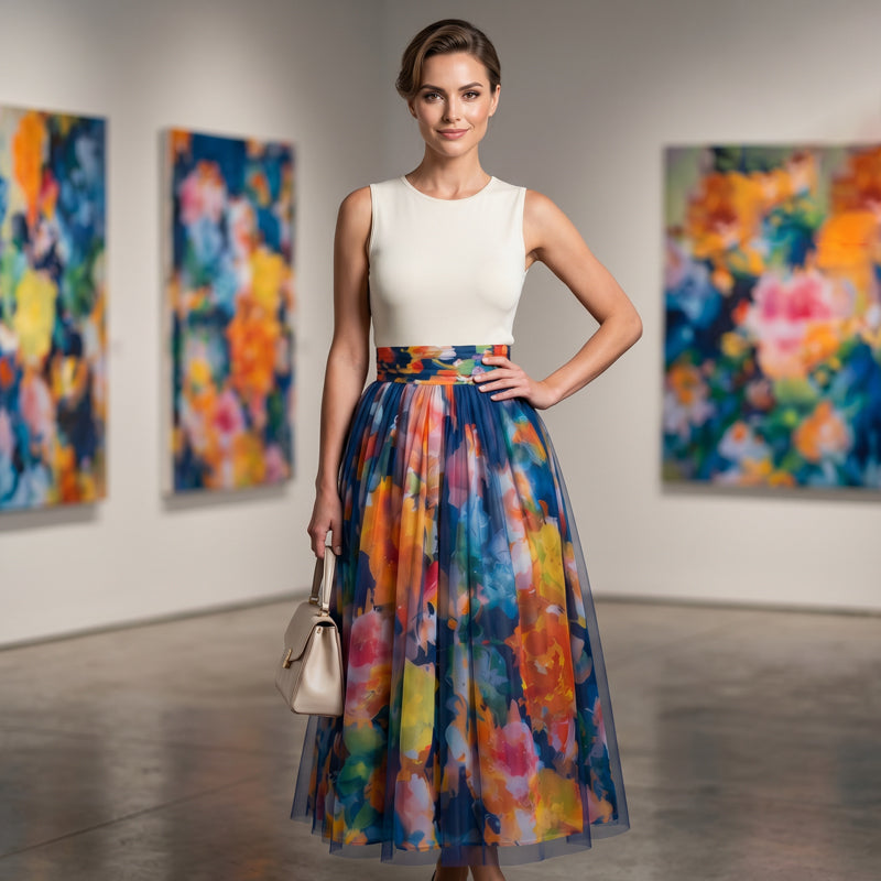 ⌛Zeitlich begrenztes Angebot – Damen Wasserfarben-Blumenprint-Tüll-Midirock