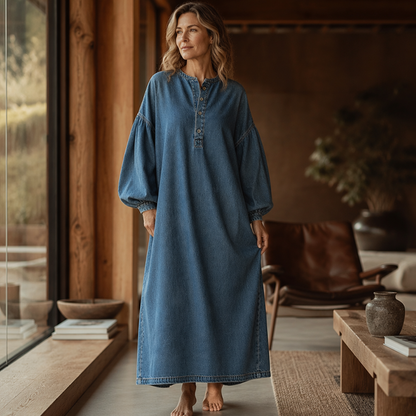 ⌛Zeitlich begrenztes Angebot – Langes Maxi-Jeanskleid mit Lanterna-Ärmeln für Damen