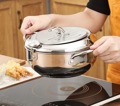 🍤 Nur für kurze Zeit: 50 % Rabatt! ⚡ Tempura-Fritteuse aus Edelstahl 201 – mit Thermometer, Abtropfgitter und tiefem Korpus ✨