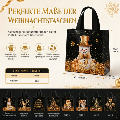 🎁Schwarze Weihnachts-Geschenktragetasche aus Vliesstoff, Geschenkverpackungstasche für Feiertage, 23x22x11 cm