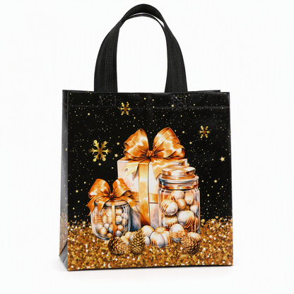 🎁Schwarze Weihnachts-Geschenktragetasche aus Vliesstoff, Geschenkverpackungstasche für Feiertage, 23x22x11 cm
