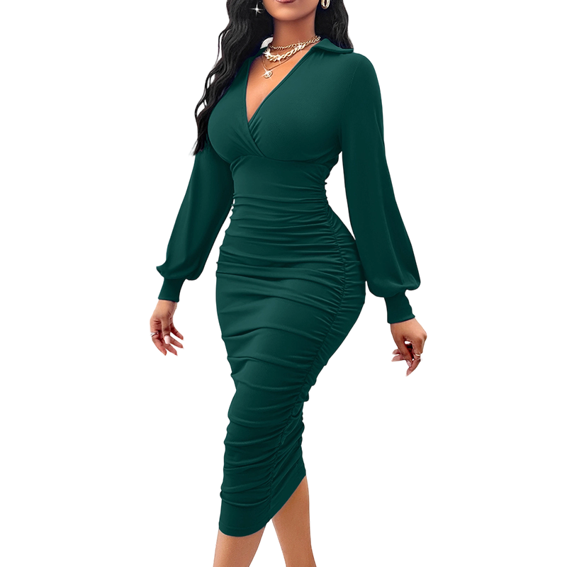 👥 Über 80.000 Käufer haben bereits zugeschlagen! Damen V-Ausschnitt Ballonärmel gerafftes Bodycon-Kleid