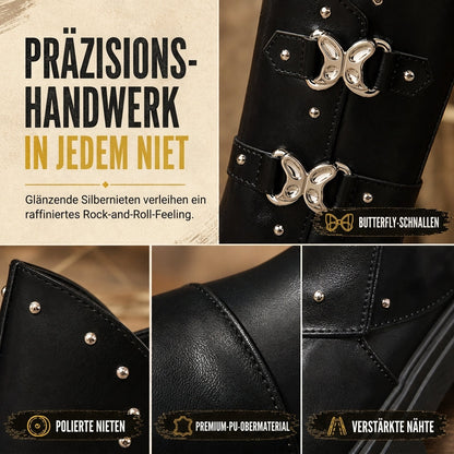 Damen Plateau-Stiefeletten mit mittlerem Blockabsatz, runder Zehenpartie, Nahtdetails, umschlagbarem Schaft und Schnallenriemen