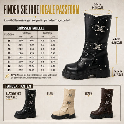 Damen Plateau-Stiefeletten mit mittlerem Blockabsatz, runder Zehenpartie, Nahtdetails, umschlagbarem Schaft und Schnallenriemen