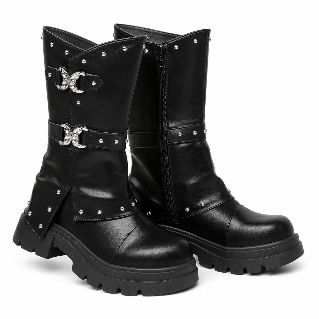Damen Plateau-Stiefeletten mit mittlerem Blockabsatz, runder Zehenpartie, Nahtdetails, umschlagbarem Schaft und Schnallenriemen