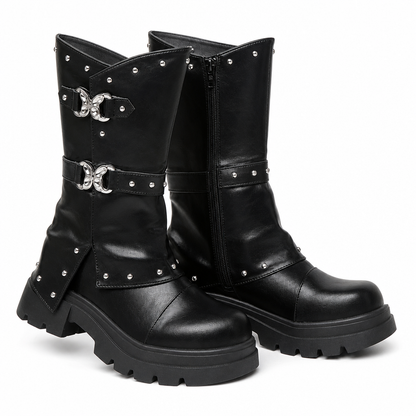 Damen Plateau-Stiefeletten mit mittlerem Blockabsatz, runder Zehenpartie, Nahtdetails, umschlagbarem Schaft und Schnallenriemen