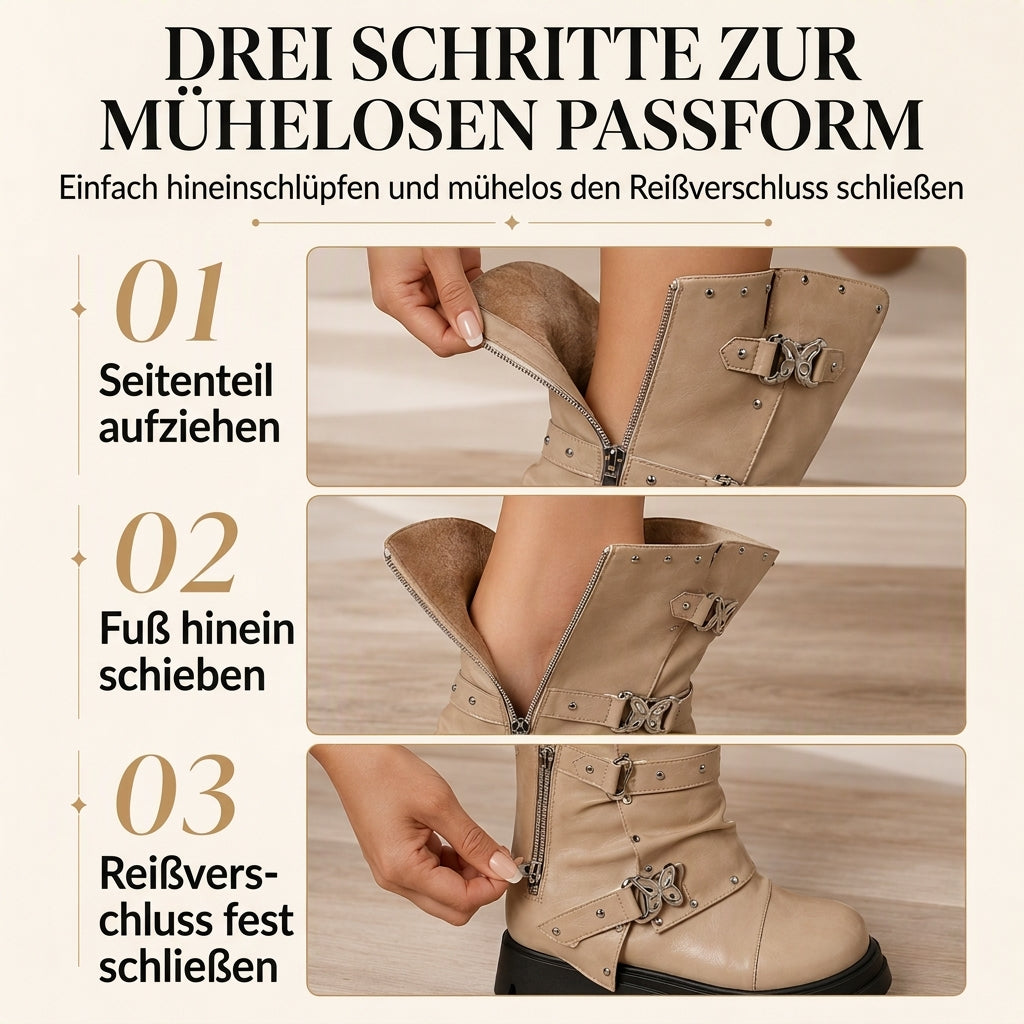 Damen Plateau-Stiefeletten mit mittlerem Blockabsatz, runder Zehenpartie, Nahtdetails, umschlagbarem Schaft und Schnallenriemen