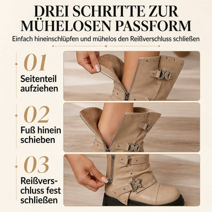 Damen Plateau-Stiefeletten mit mittlerem Blockabsatz, runder Zehenpartie, Nahtdetails, umschlagbarem Schaft und Schnallenriemen