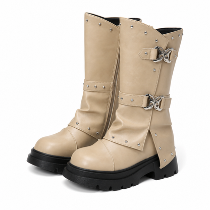 Damen Plateau-Stiefeletten mit mittlerem Blockabsatz, runder Zehenpartie, Nahtdetails, umschlagbarem Schaft und Schnallenriemen